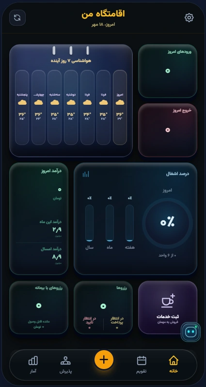 اسکرینشات واقعی صفحه خانه اپ اقامتگاه من